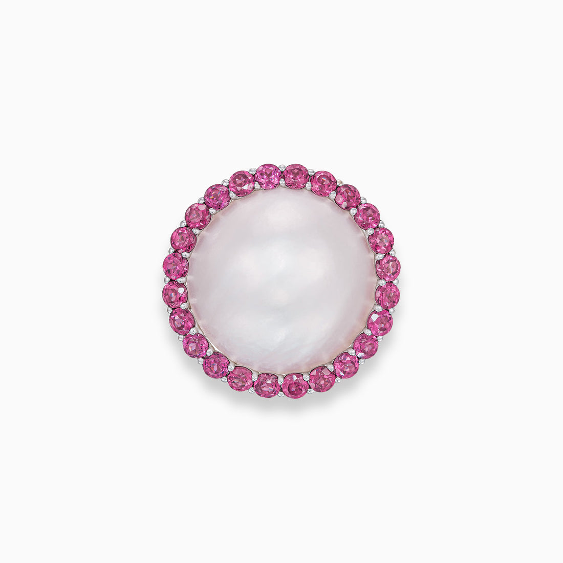 Mabe cultured pearl dome ring with round rhodolite halo in 18K white gold