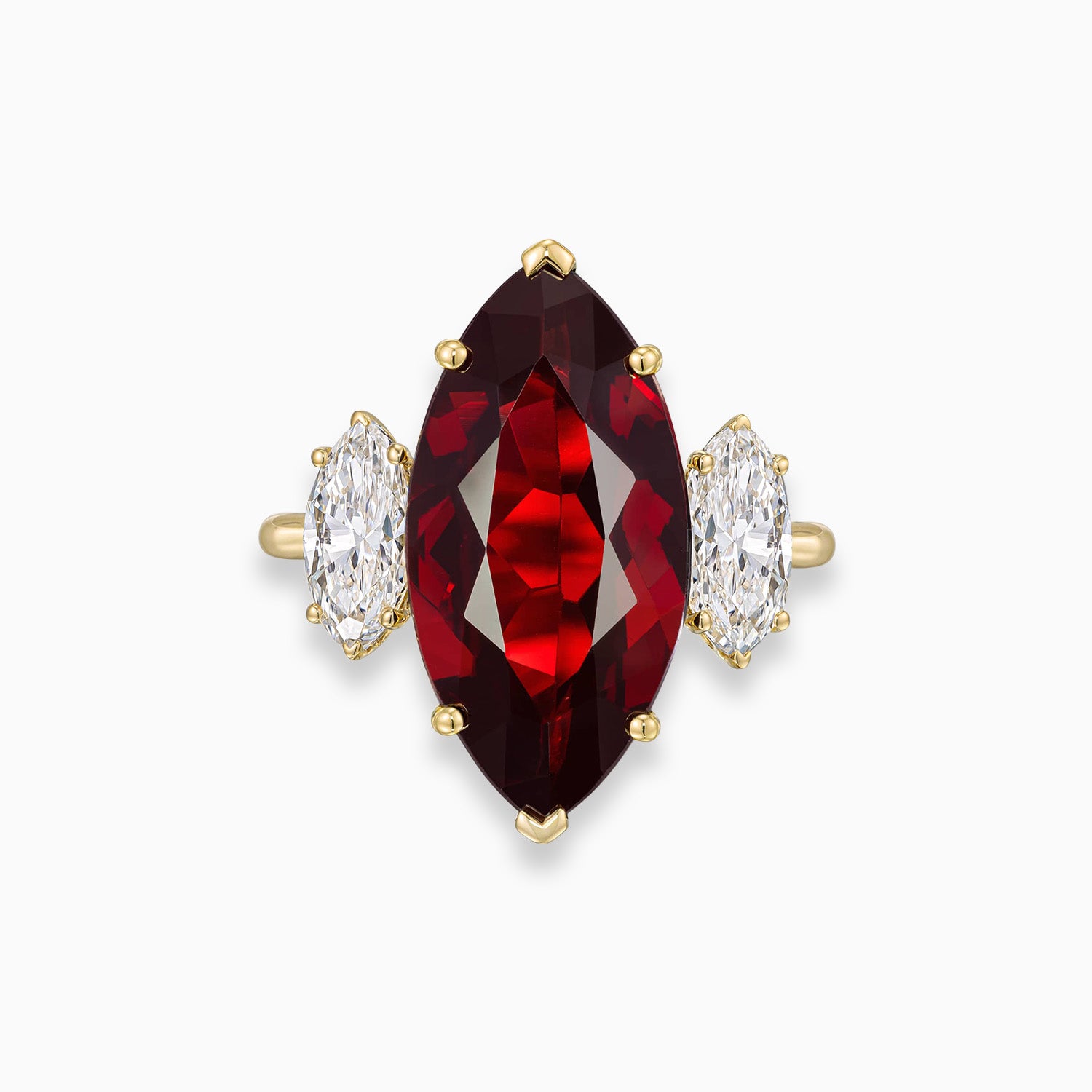 Marquise garnet ring with marquise shape diamonds in 18K yellow gold