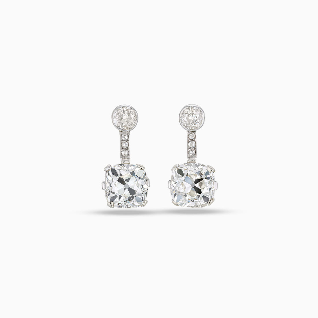 Old mine brilliant cut diamond drop earrings with old European cut diamonds in 18K white gold