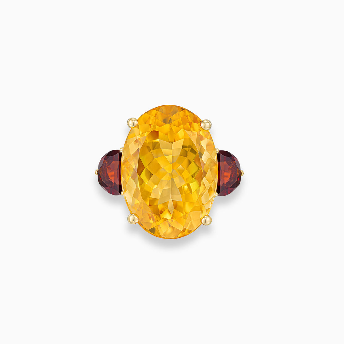 Oval shape citrine ring with half moon red garnet side stones in 18K yellow gold