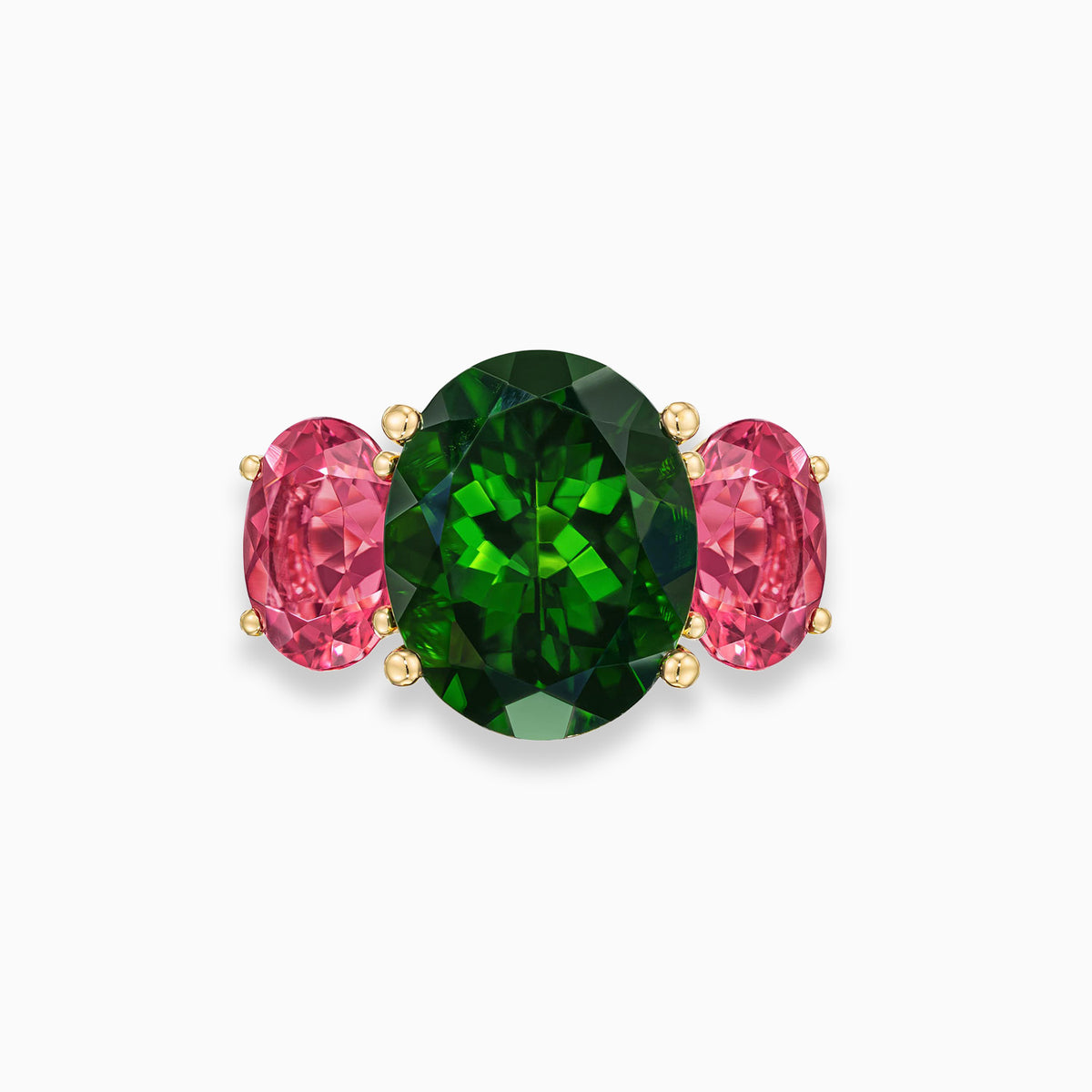 Oval shape diopside 3-stone ring with oval pink tourmalines in 18K yellow gold