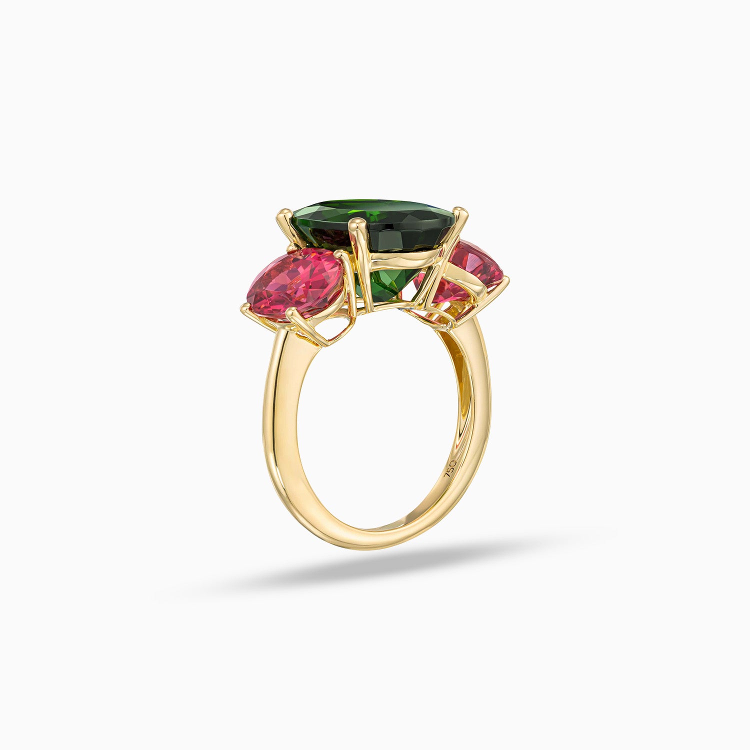 Side view of oval shape diopside 3-stone ring with oval pink tourmalines in 18K yellow gold