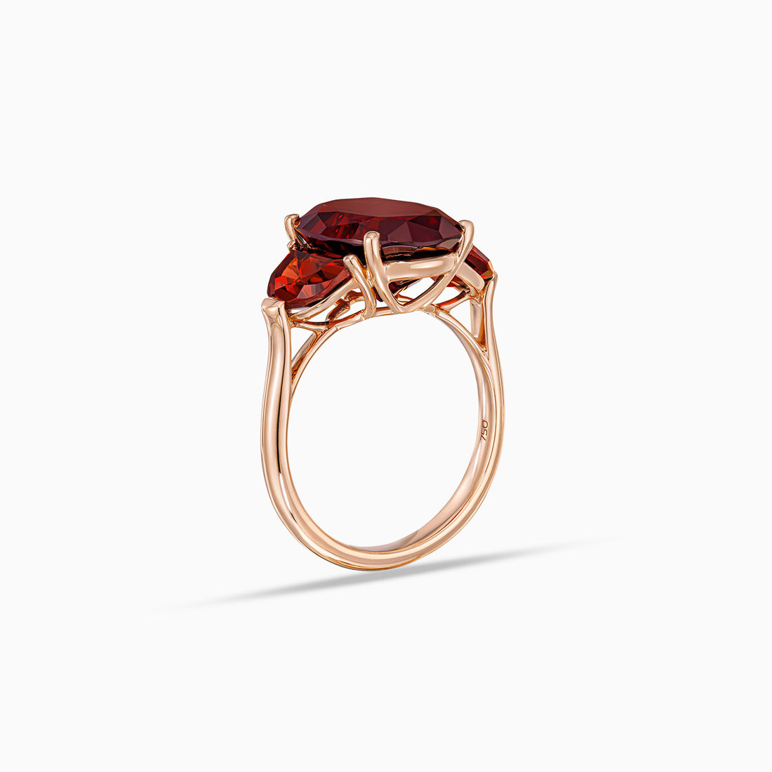 Oval shape garnet ring with half moon garnet side stones in 18K rose gold