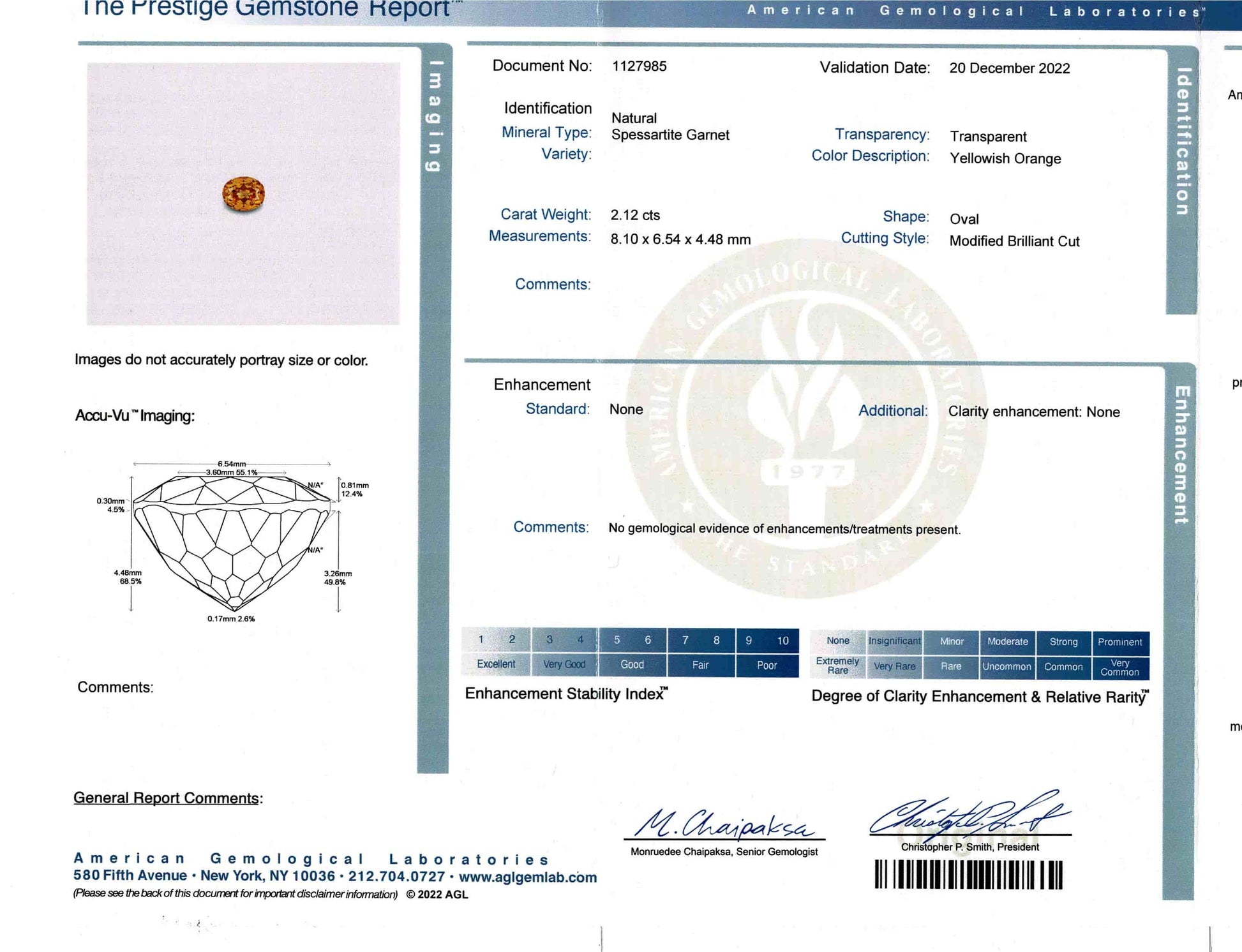 Certificate for oval shape spessartite garnet and diamond ring