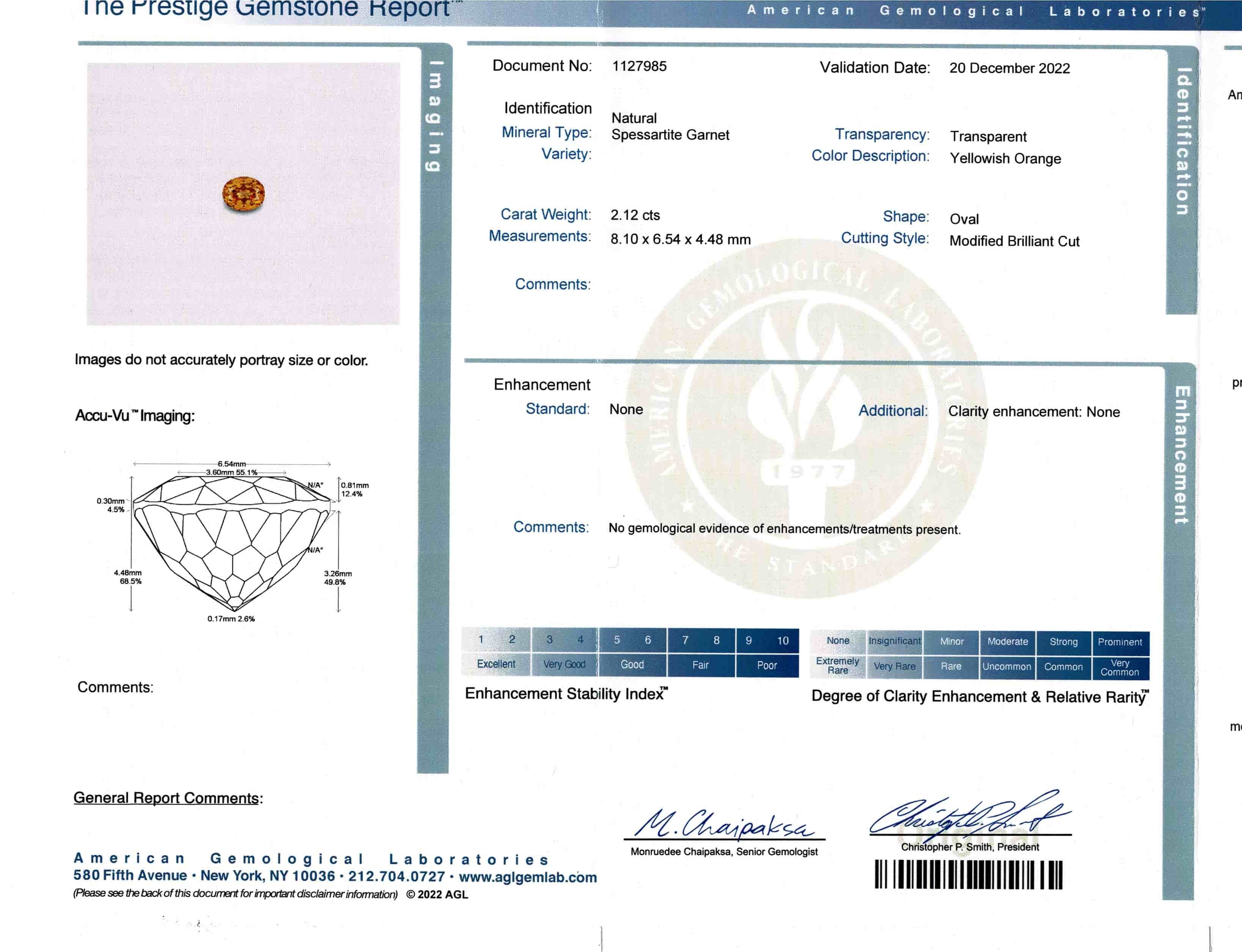 Certificate for oval shape spessartite garnet and diamond ring