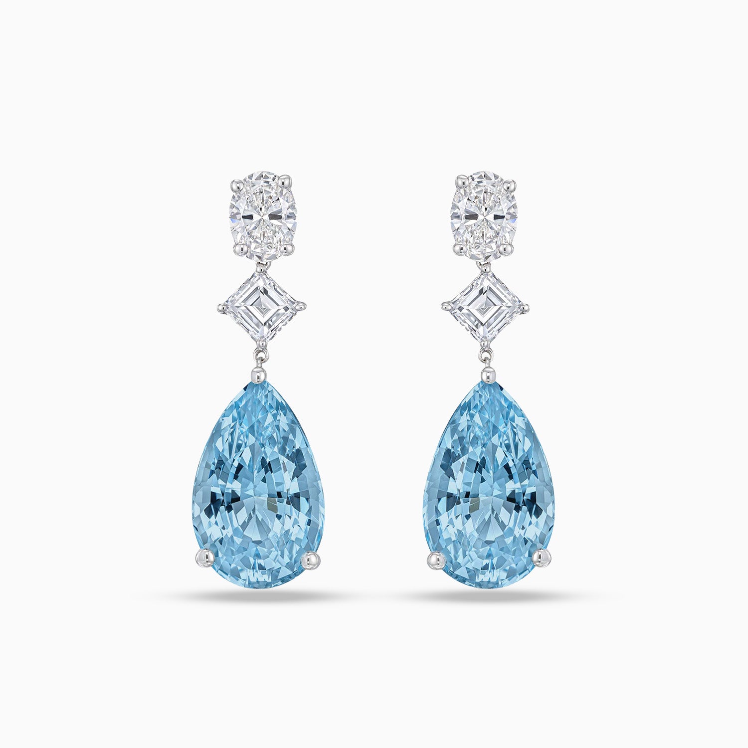 Pear shape aquamarine drop earrings with oval and Asscher cut diamonds in 18K white gold