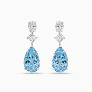 Pear shape aquamarine drop earrings with oval and Asscher cut diamonds in 18K white gold