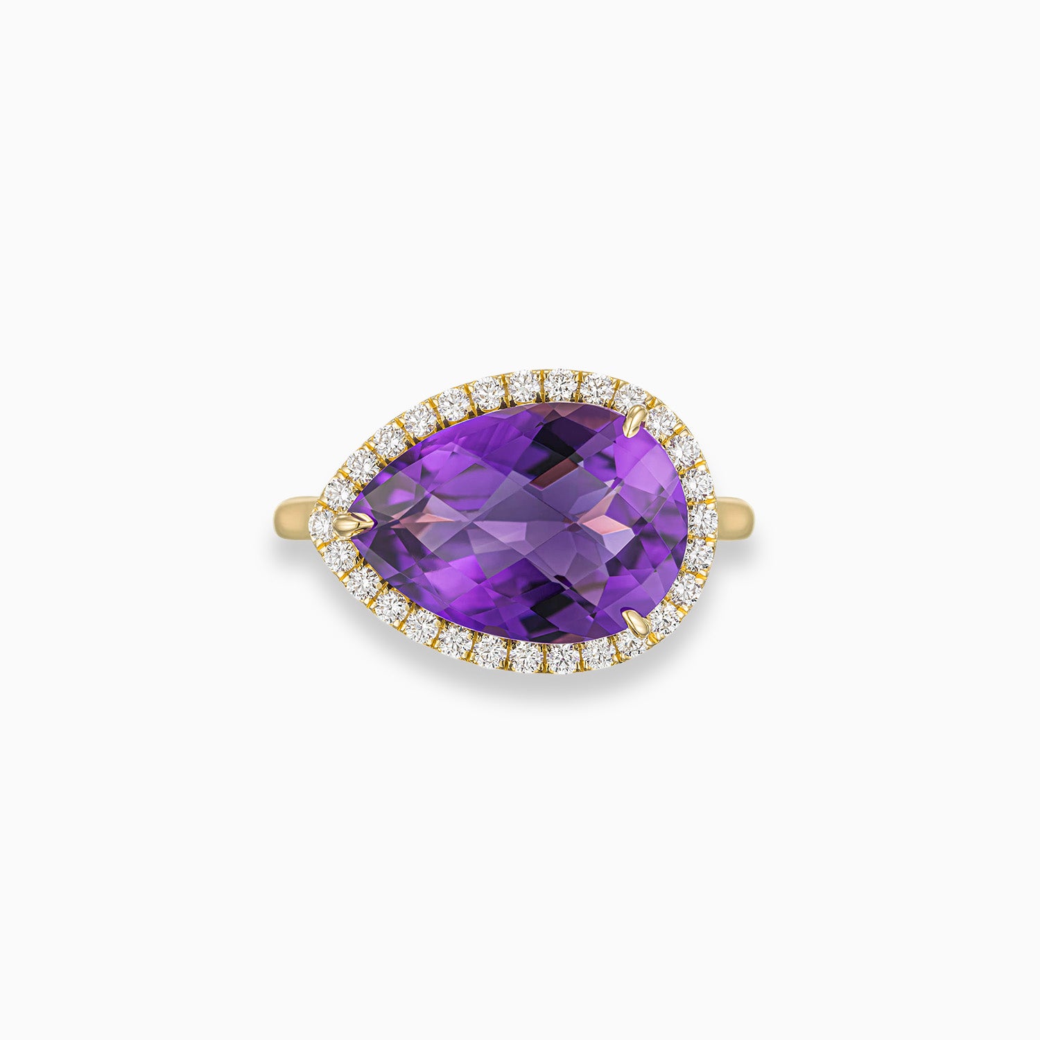 Pear shape amethyst diamond halo ring in handmade 18K yellow gold with east west setting