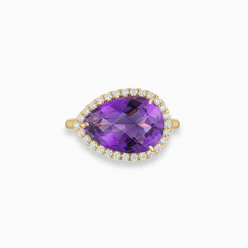 Pear shape amethyst diamond halo ring in handmade 18K yellow gold with east west setting