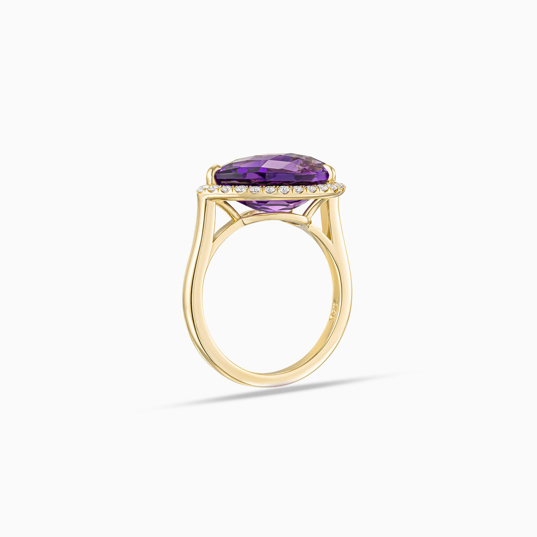 Pear shape amethyst diamond halo ring in handmade 18K yellow gold with east west setting