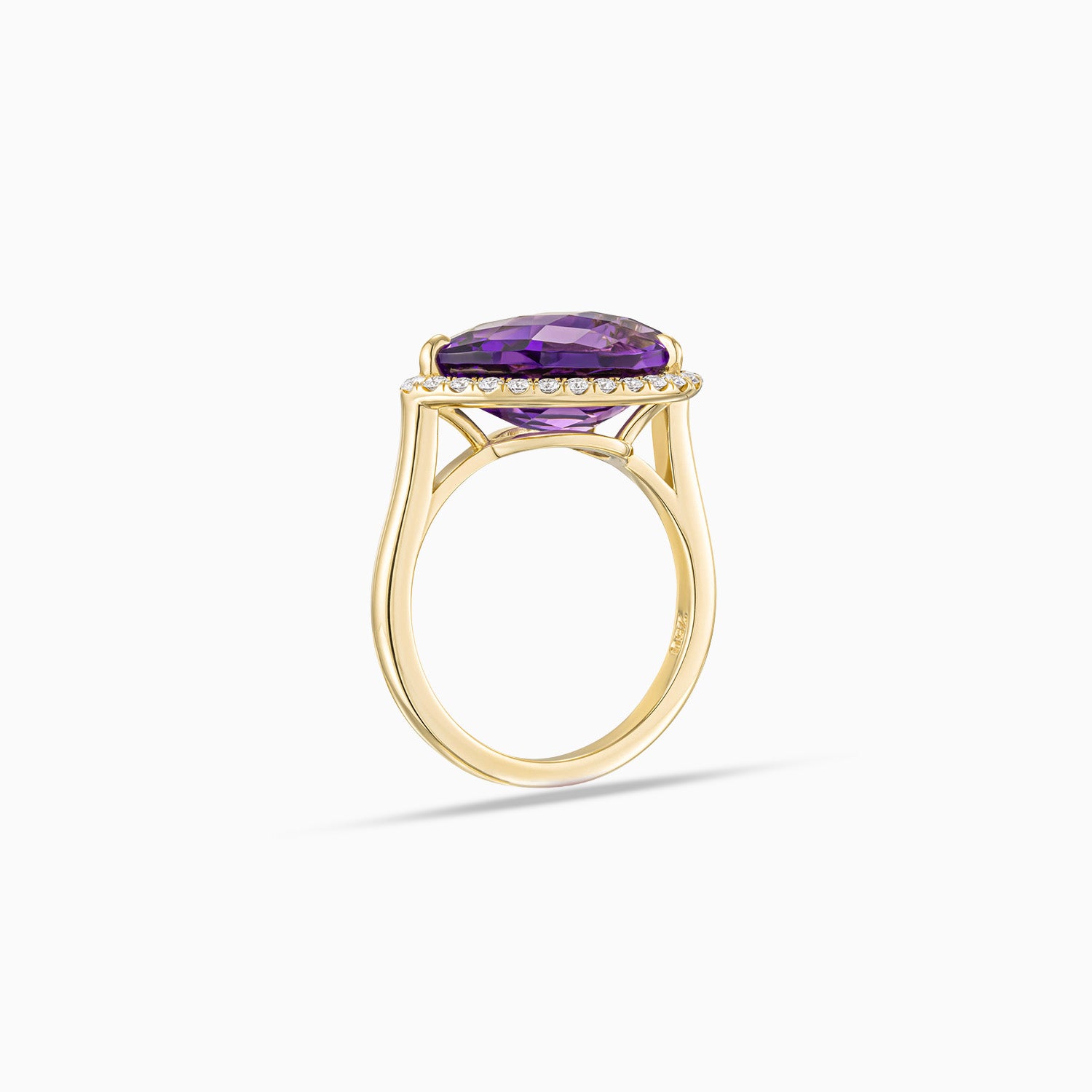 Pear shape amethyst diamond halo ring in handmade 18K yellow gold with east west setting