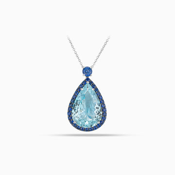 Pear shape aquamarine pendant with blue sapphire accent and sapphire micropavé in 18K white gold