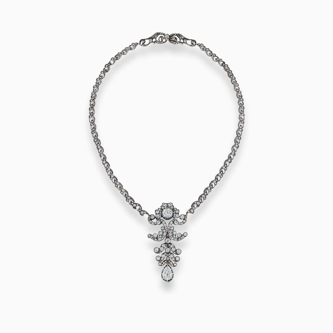 19th century pear shape and old mine cut diamond drop necklace in silver and yellow gold