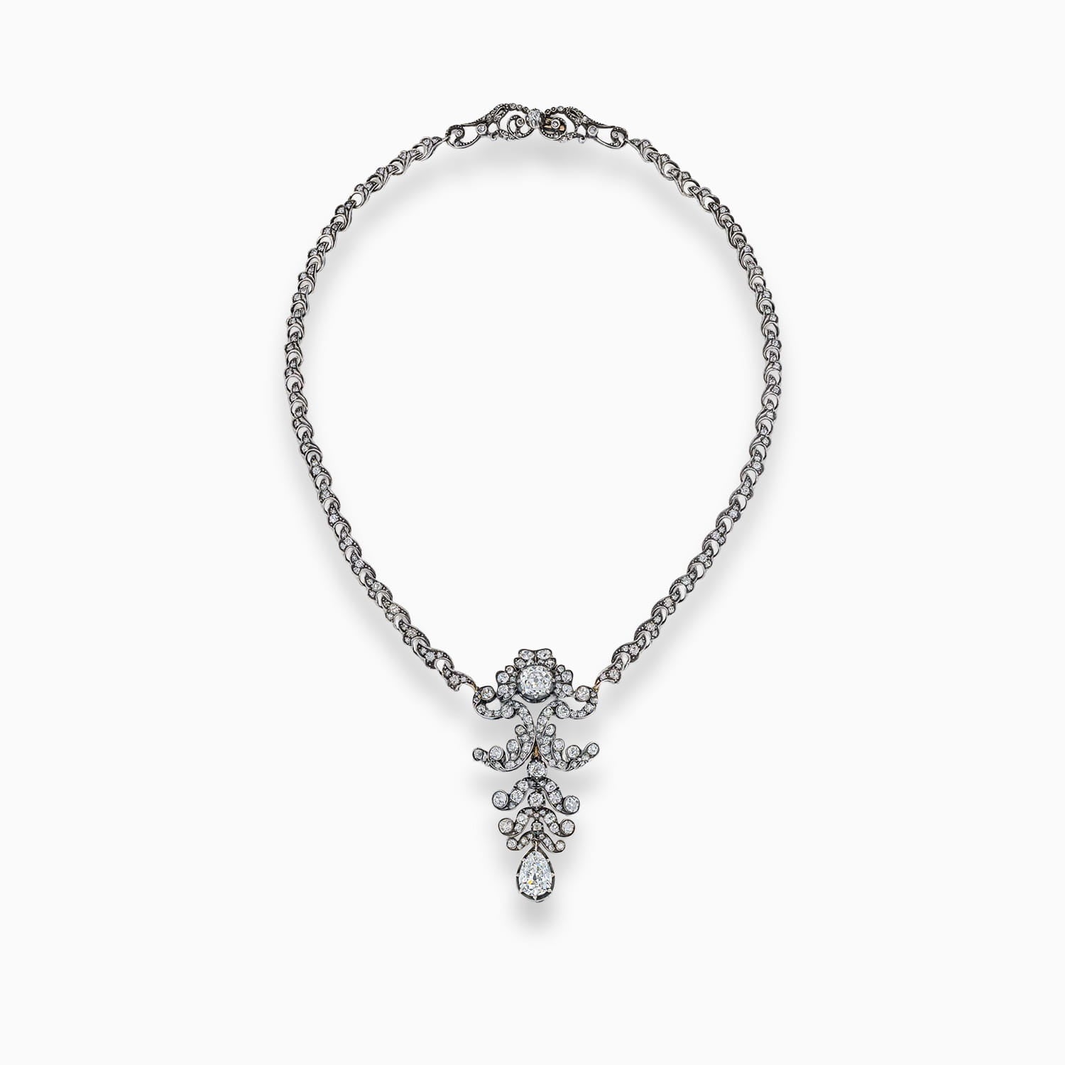 19th century pear shape and old mine cut diamond drop necklace in silver and yellow gold