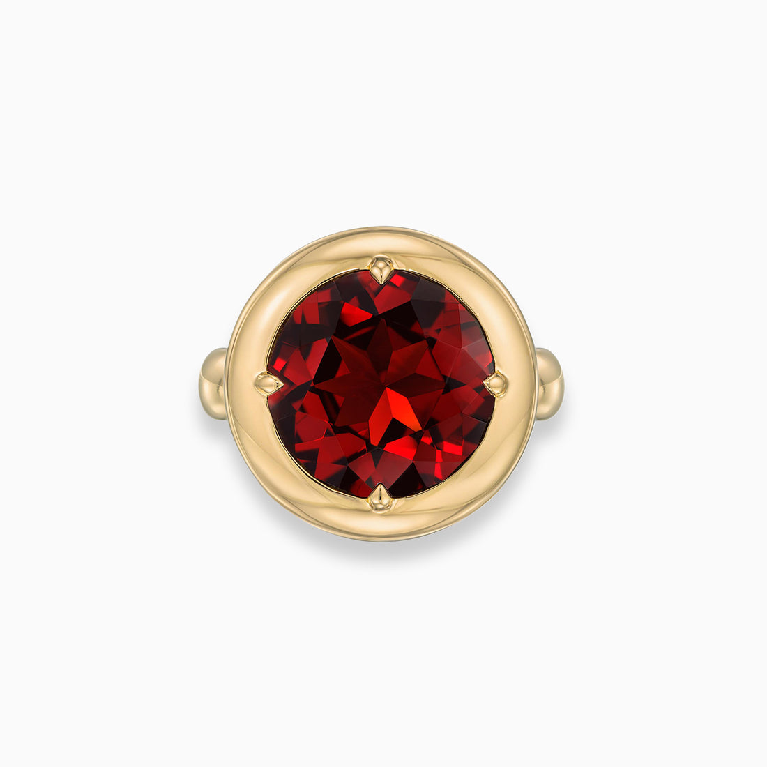 Pillow bezel round garnet ring in 18K yellow gold