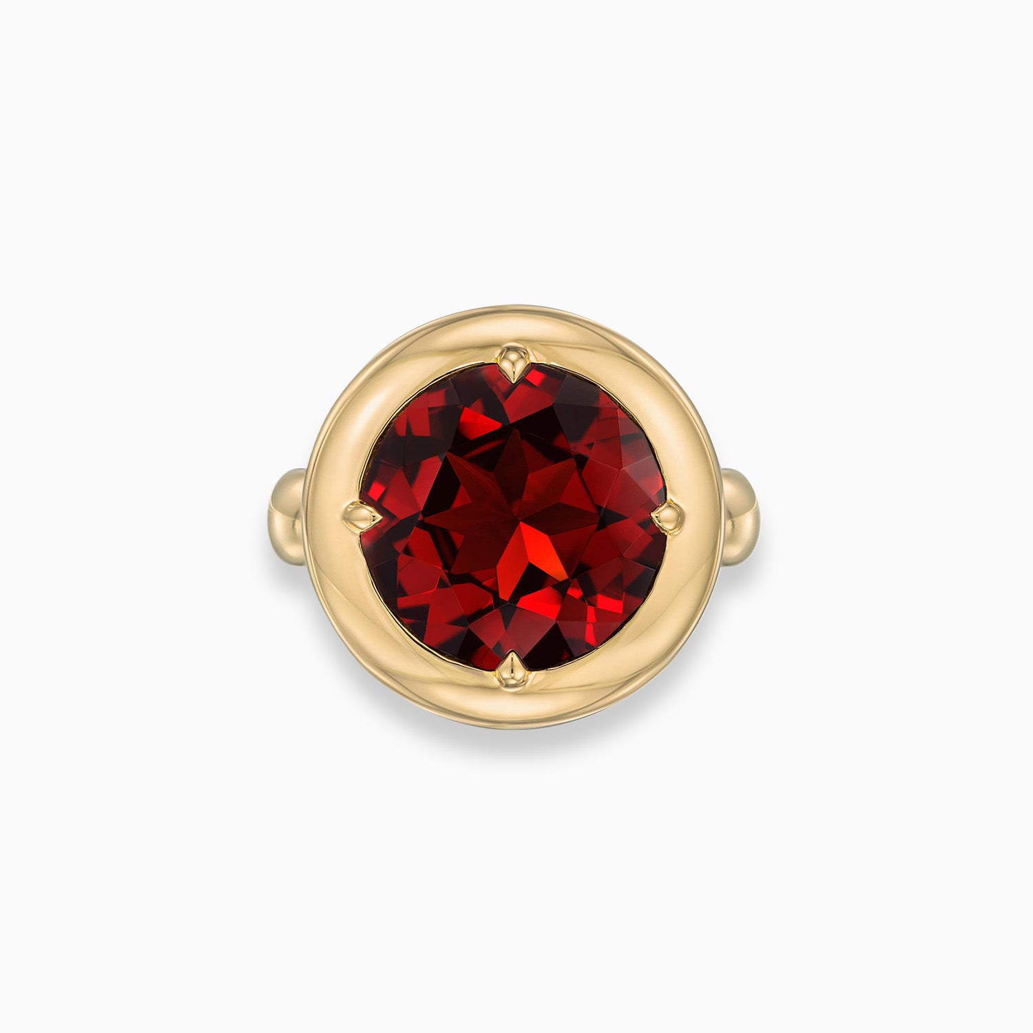Pillow bezel round garnet ring in 18K yellow gold