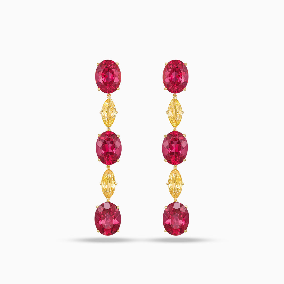 Oval pink tourmaline and marquise yellow sapphire drop earrings in 18K yellow gold
