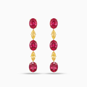 Oval pink tourmaline and marquise yellow sapphire drop earrings in 18K yellow gold