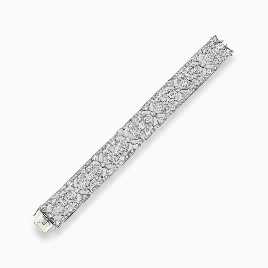 Platinum geometric diamond bracelet with circular cut and rose cut diamonds