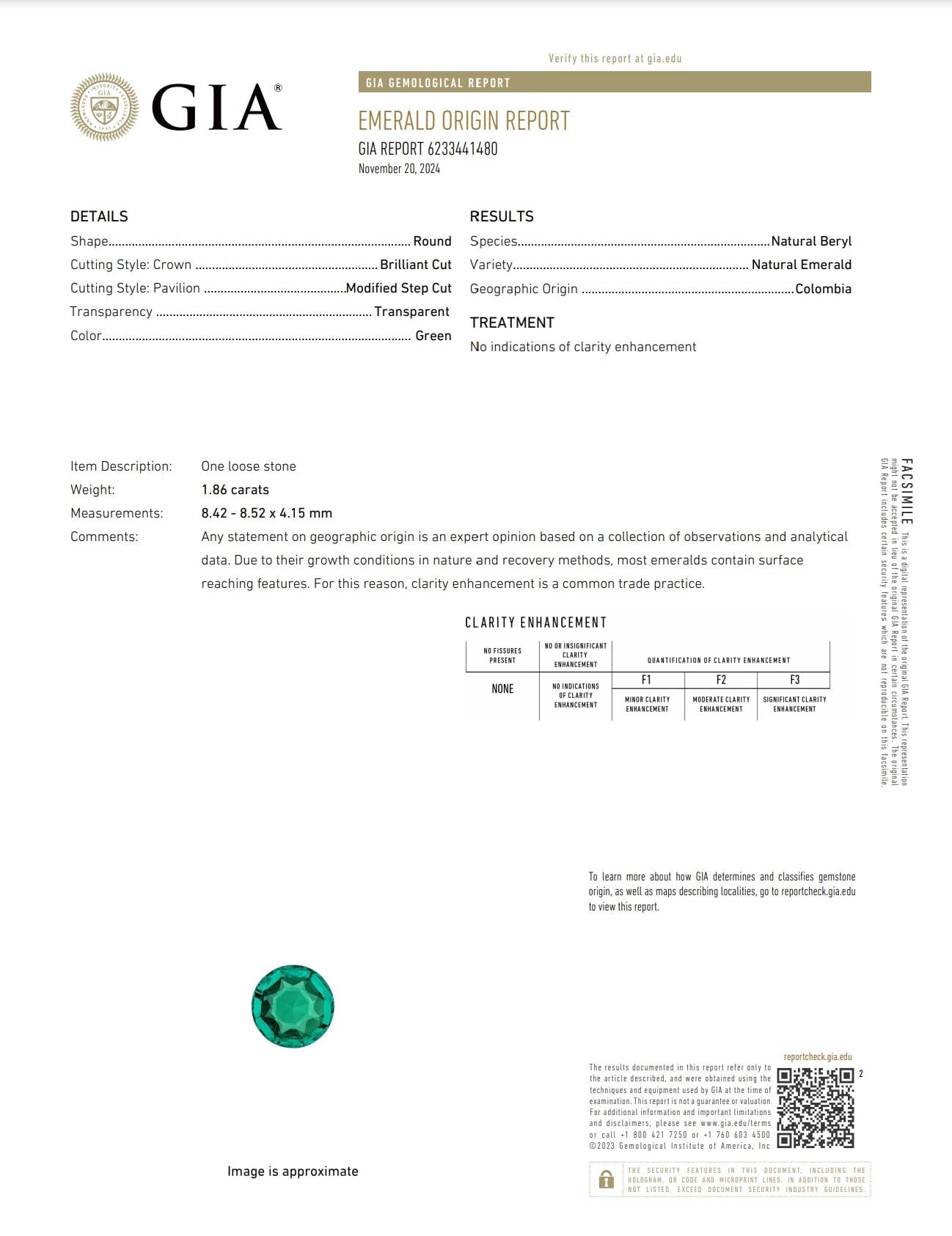 GIA certificate for round Colombian emerald and diamond engagement ring