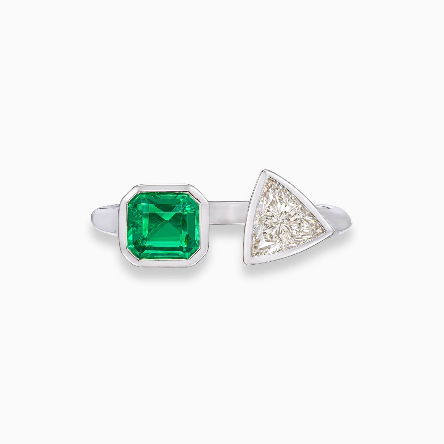 Toi et Moi ring with square cut emerald and trillion shape diamond in 18K white gold