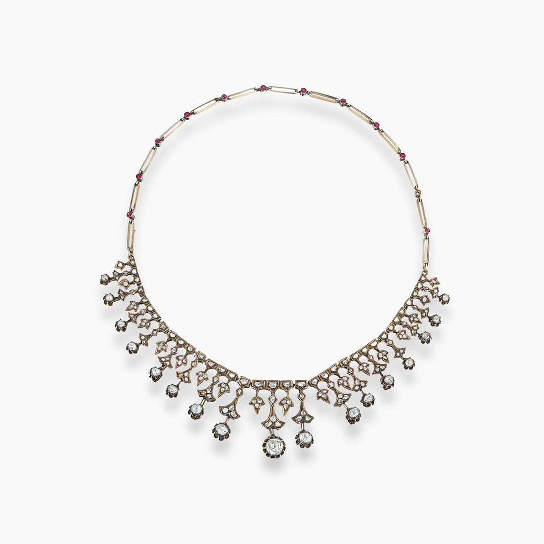 Victorian era rose cut diamond and ruby bib necklace in 10K rose gold