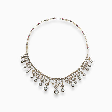 Victorian era rose cut diamond and ruby bib necklace in 10K rose gold